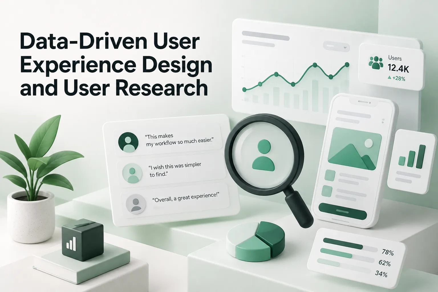 Data-driven user experience design and user research shown with analytics charts, user feedback quotes, a magnifying glass, app screens, and dashboard