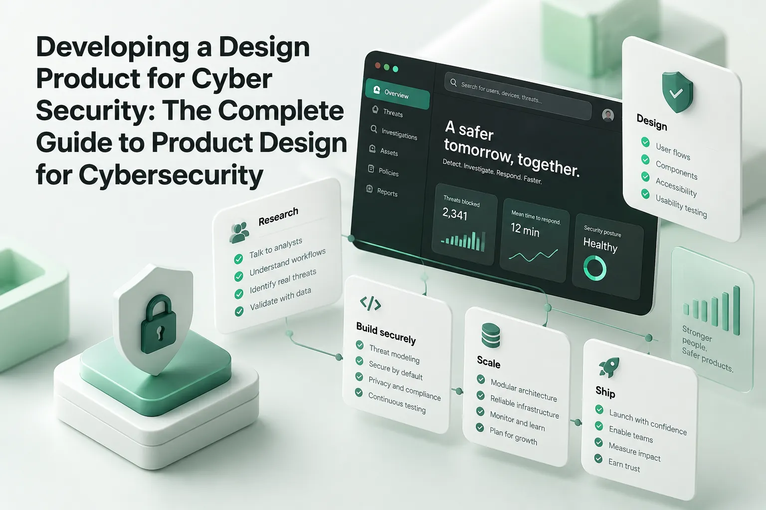 Cybersecurity product design guide cover showing a security dashboard, lock icon, and connected research, build, scale, and ship workflow cards.