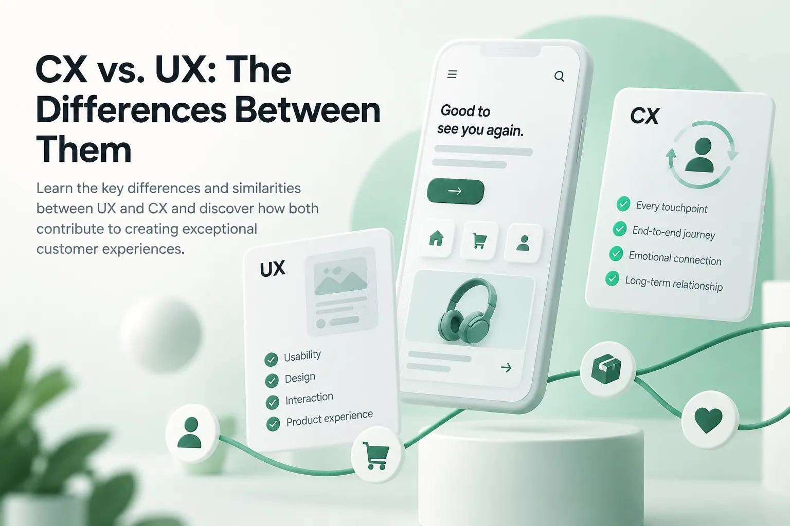 Blog cover comparing CX and UX, with headline text, mobile app interface, UX checklist, and CX customer journey panel.