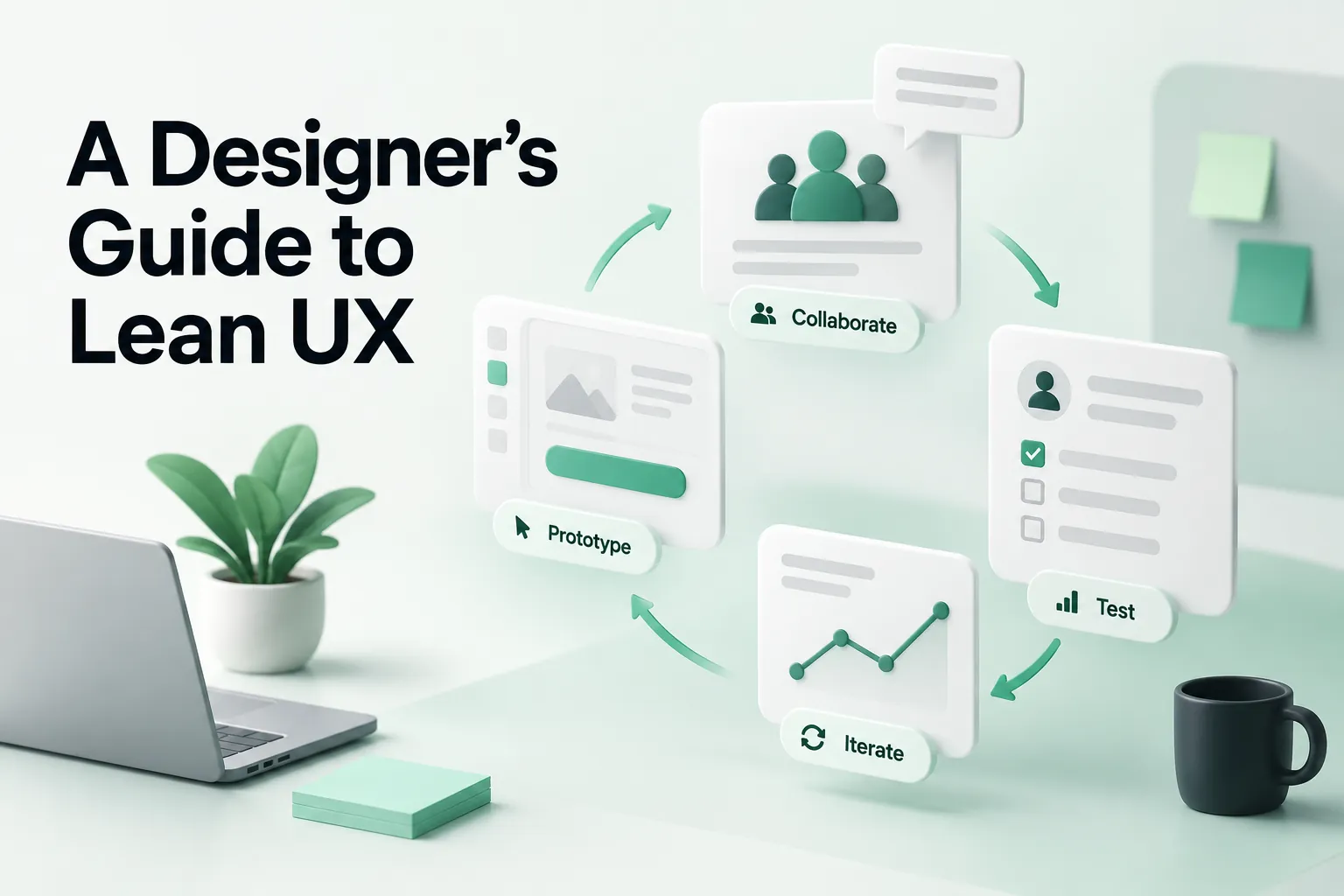 Cover showing “A Designer’s Guide to Lean UX” beside prototype, collaborate, test, and iterate workflow cards on a mint workspace.