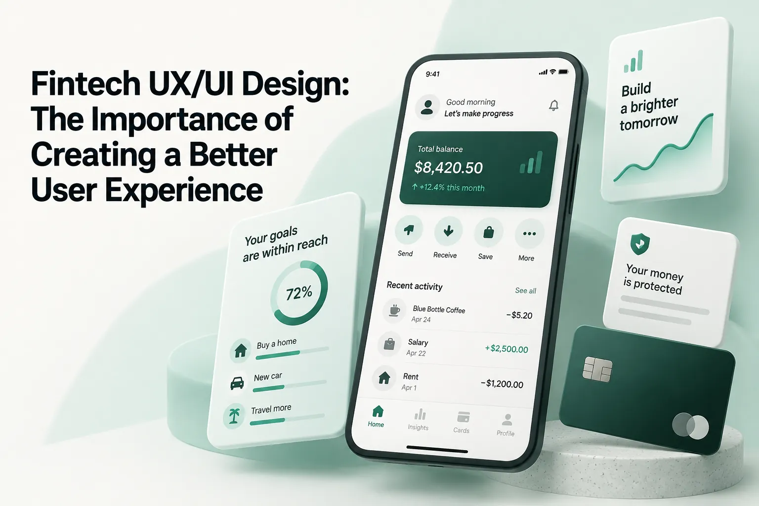 Fintech UX/UI design cover showing a banking app on a smartphone, financial dashboards, savings goals, security, and a credit card.