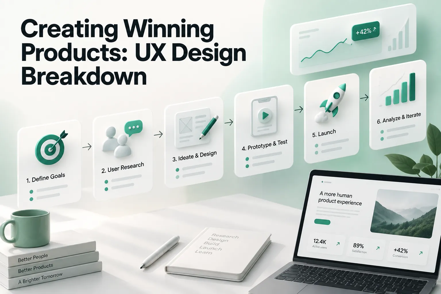 Blog cover about Creating Winning Products: UX Design Breakdown, showing a six-step UX process from goals and research through launch and iteration.