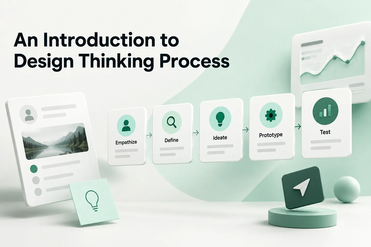 Cover for An Introduction to Design Thinking Process showing a visual workflow of Empathize, Define, Ideate, Prototype, and Test cards.