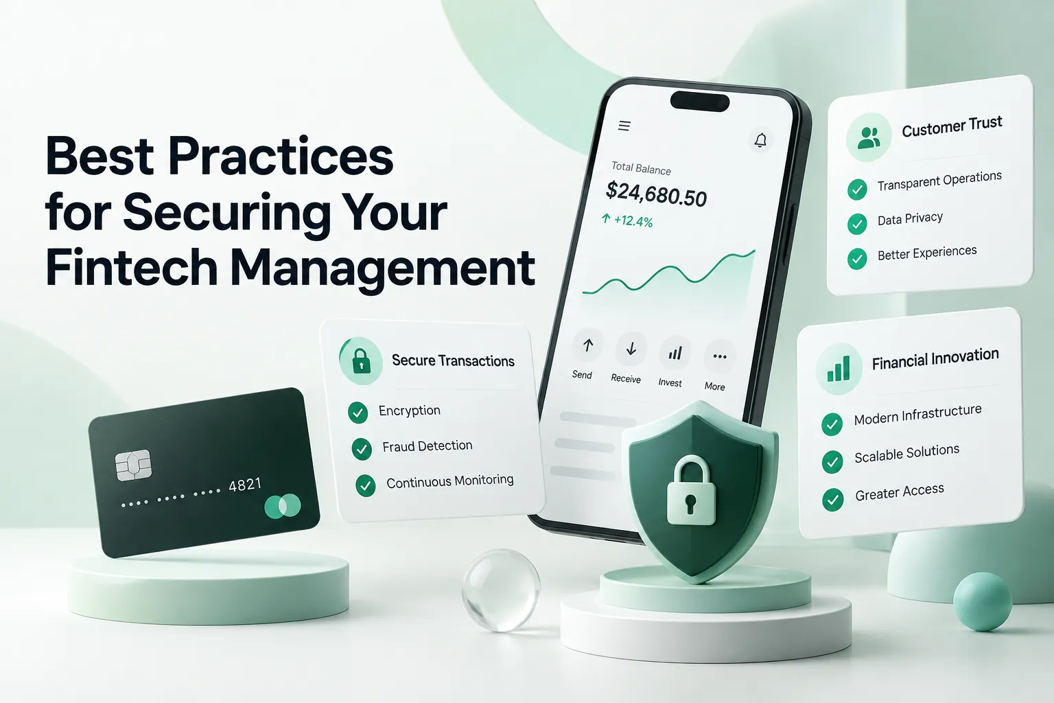 Blog cover showing a smartphone, payment card, shield lock, and security checklists for securing fintech management.