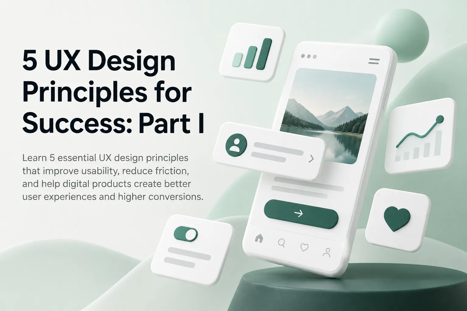 Blog cover for 5 UX Design Principles for Success: Part I, showing a floating mobile app interface with charts, buttons, and design cards.