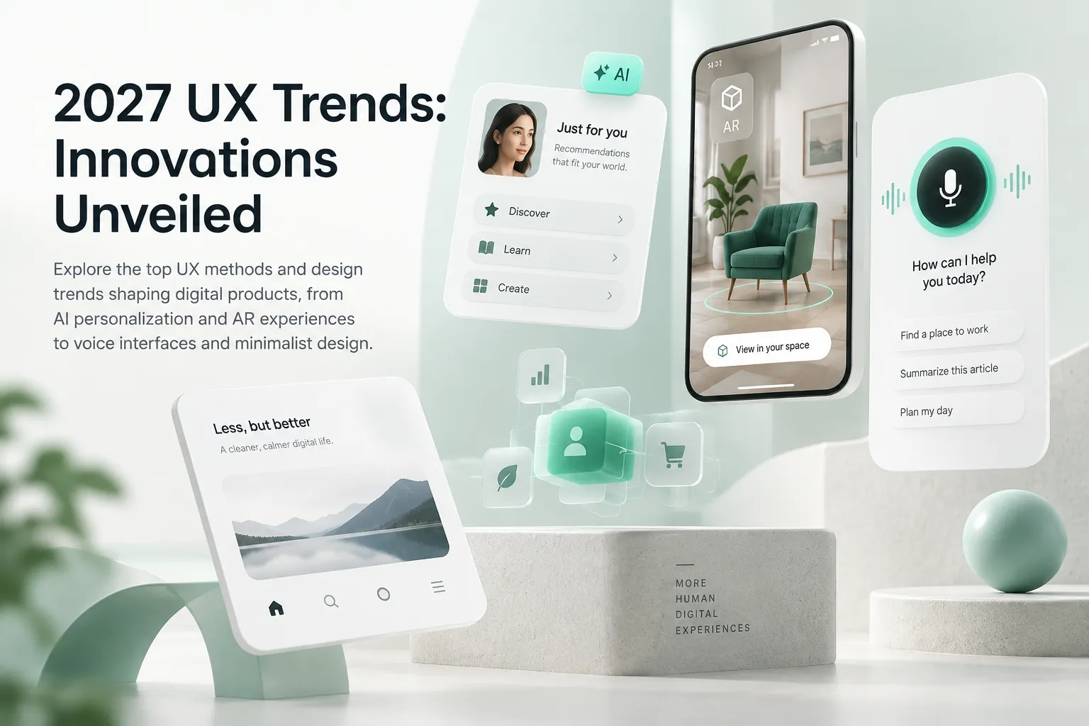 A modern UX design scene featuring AI personalization, AR interfaces, voice controls, and minimalist digital products for 2027 UX trends.
