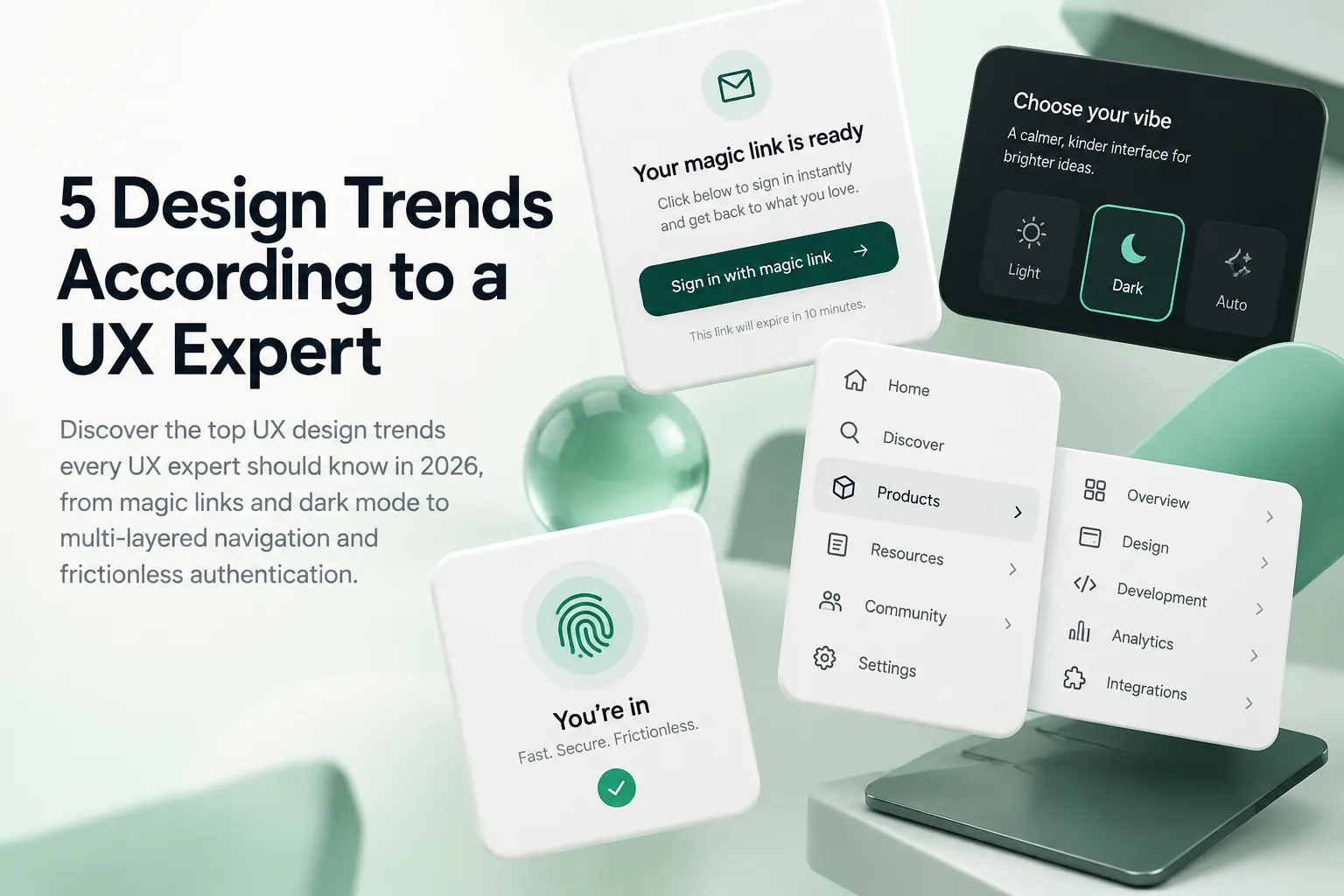 Blog cover about 5 design trends according to a UX expert, featuring floating interface cards for magic links, dark mode, navigation, and secure authe
