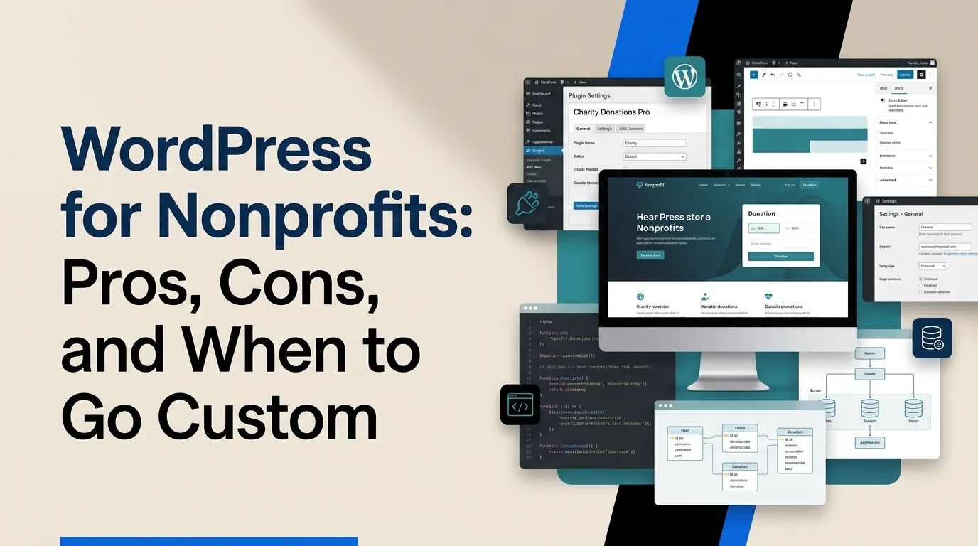 WordPress dashboard mockup surrounded by plugin icon callouts — GiveWP, Rank Math, Wordfence, and UpdraftPlus — with a badge highlighting "powers 40% of the web"
