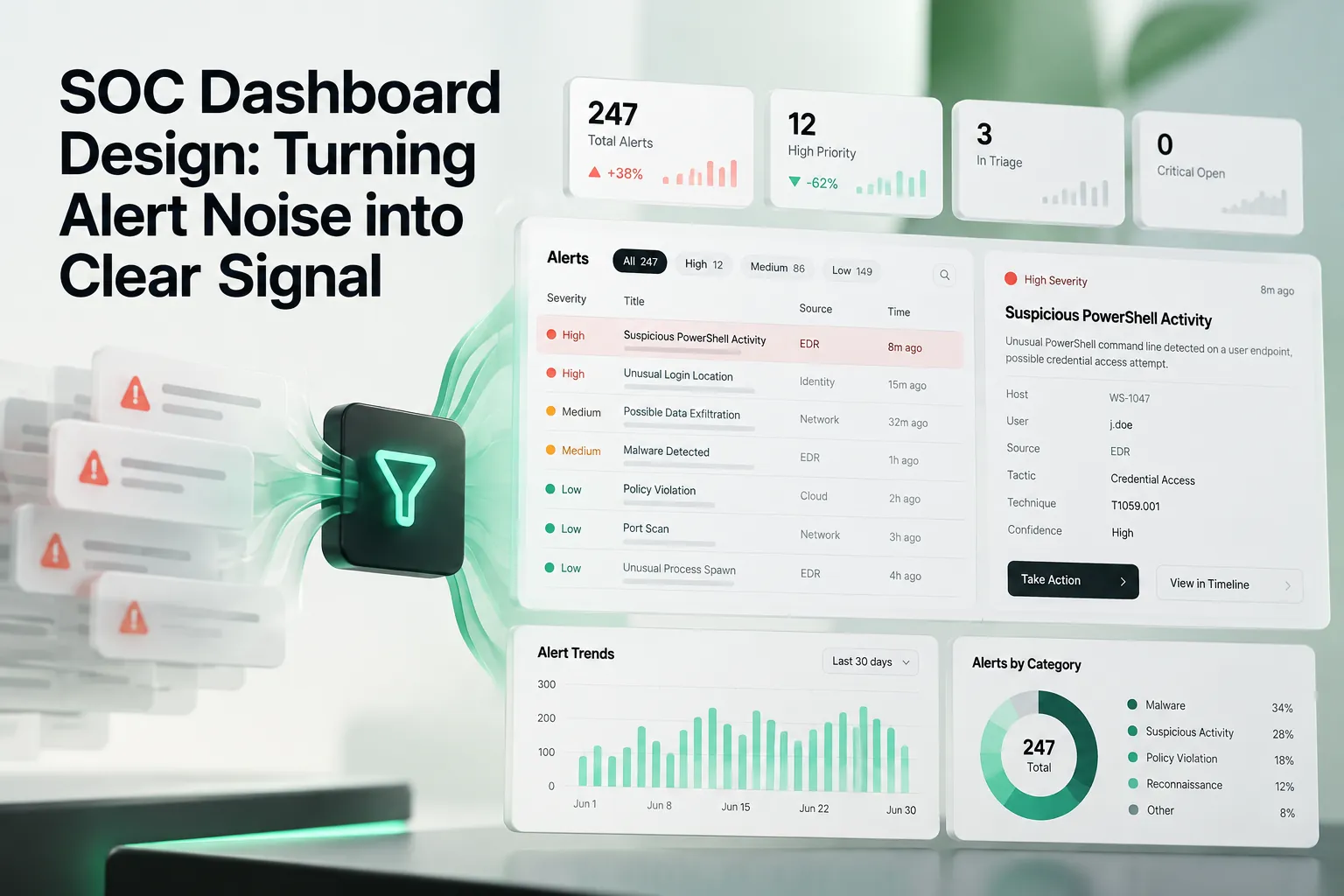 SOC dashboard design showing alert noise organized into clear signal with severity lists, metrics, trends, and category charts.