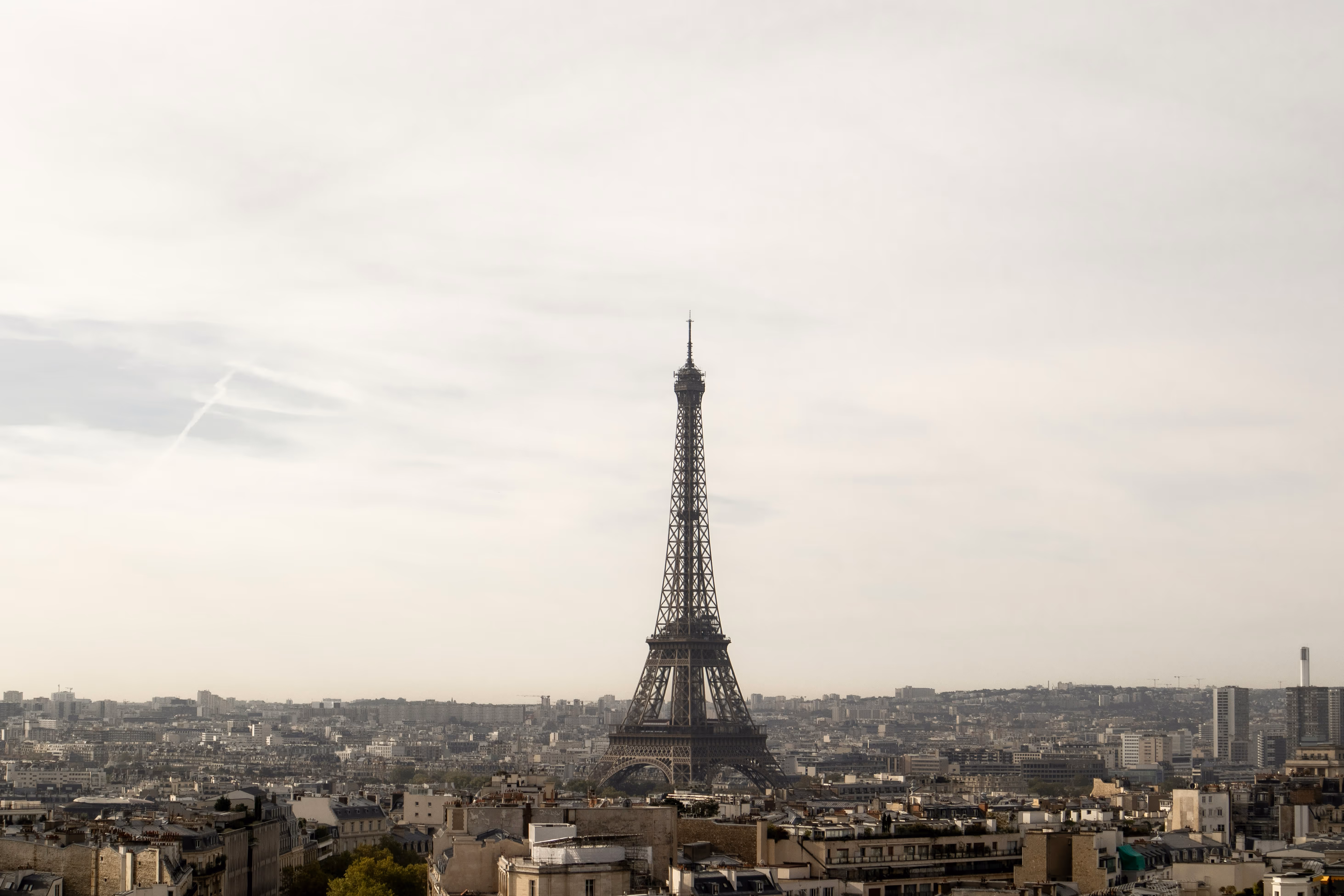 Vue panoramique de la tour Eiffel au centre avec les toits de Paris en premier plan sous un ciel nuageux.
