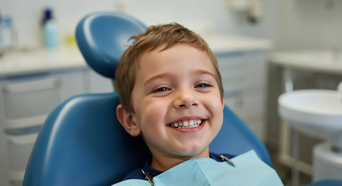 Smiling young boy sitting in a dental chair wearing a dental bib in a clinic.