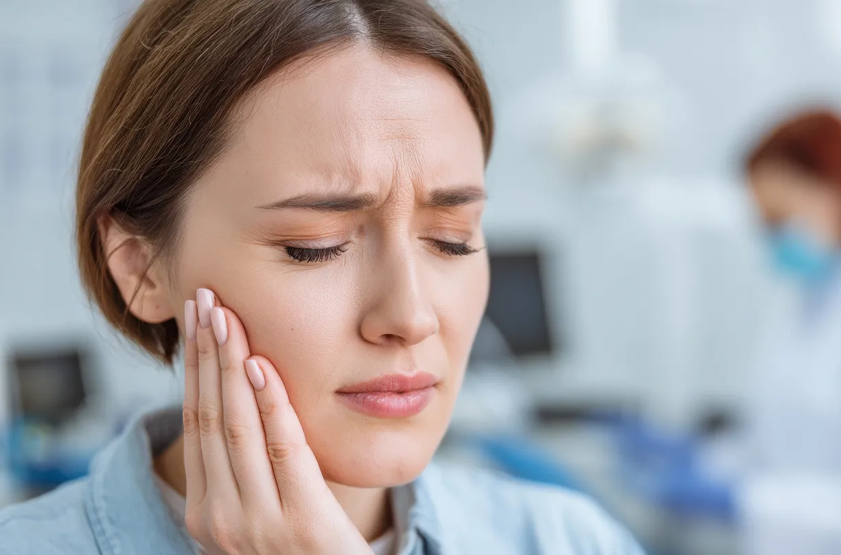 Woman with closed eyes touching her cheek, appearing to have toothache in a dental clinic.