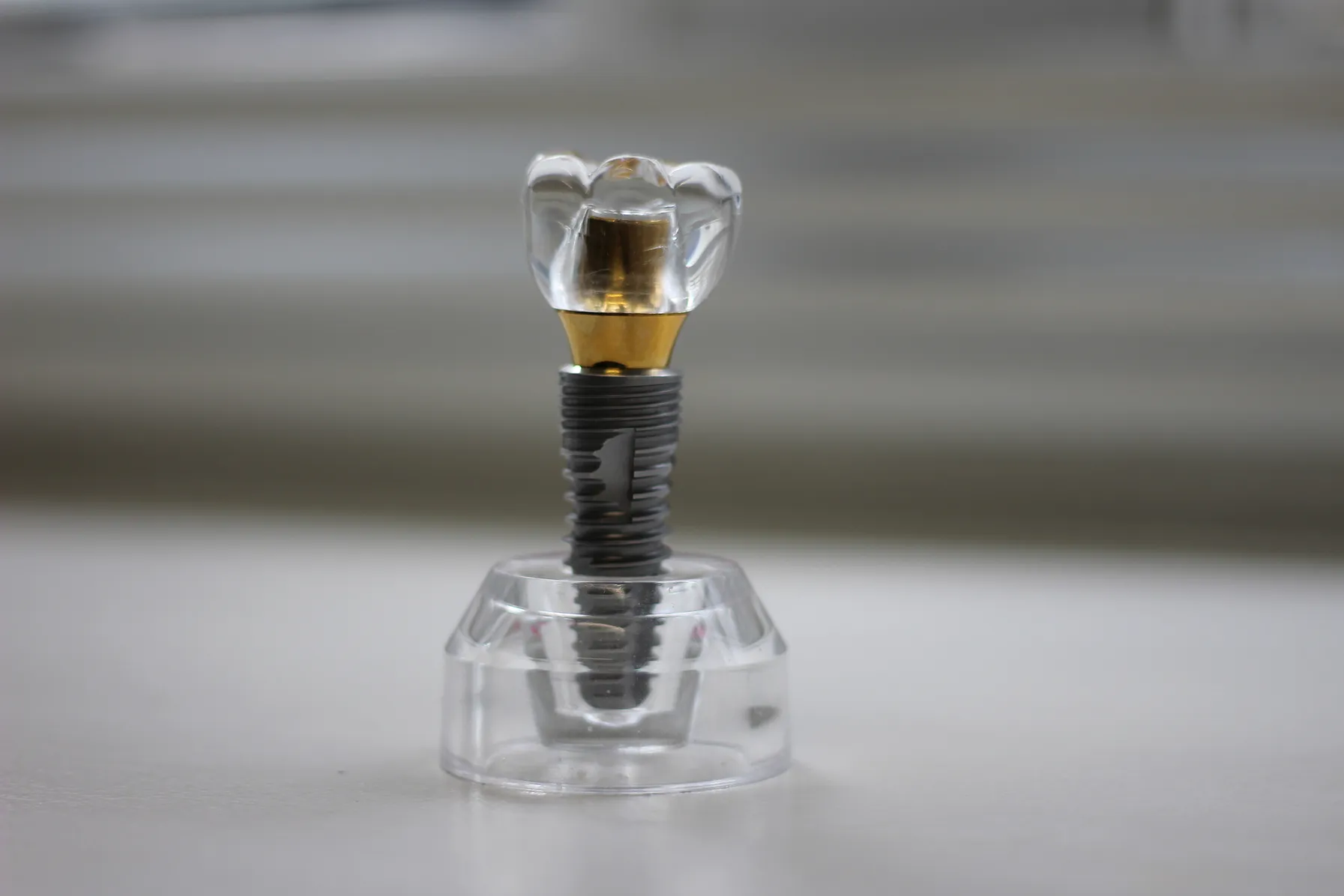 Close-up of a dental implant with a clear crown mounted on a transparent base.