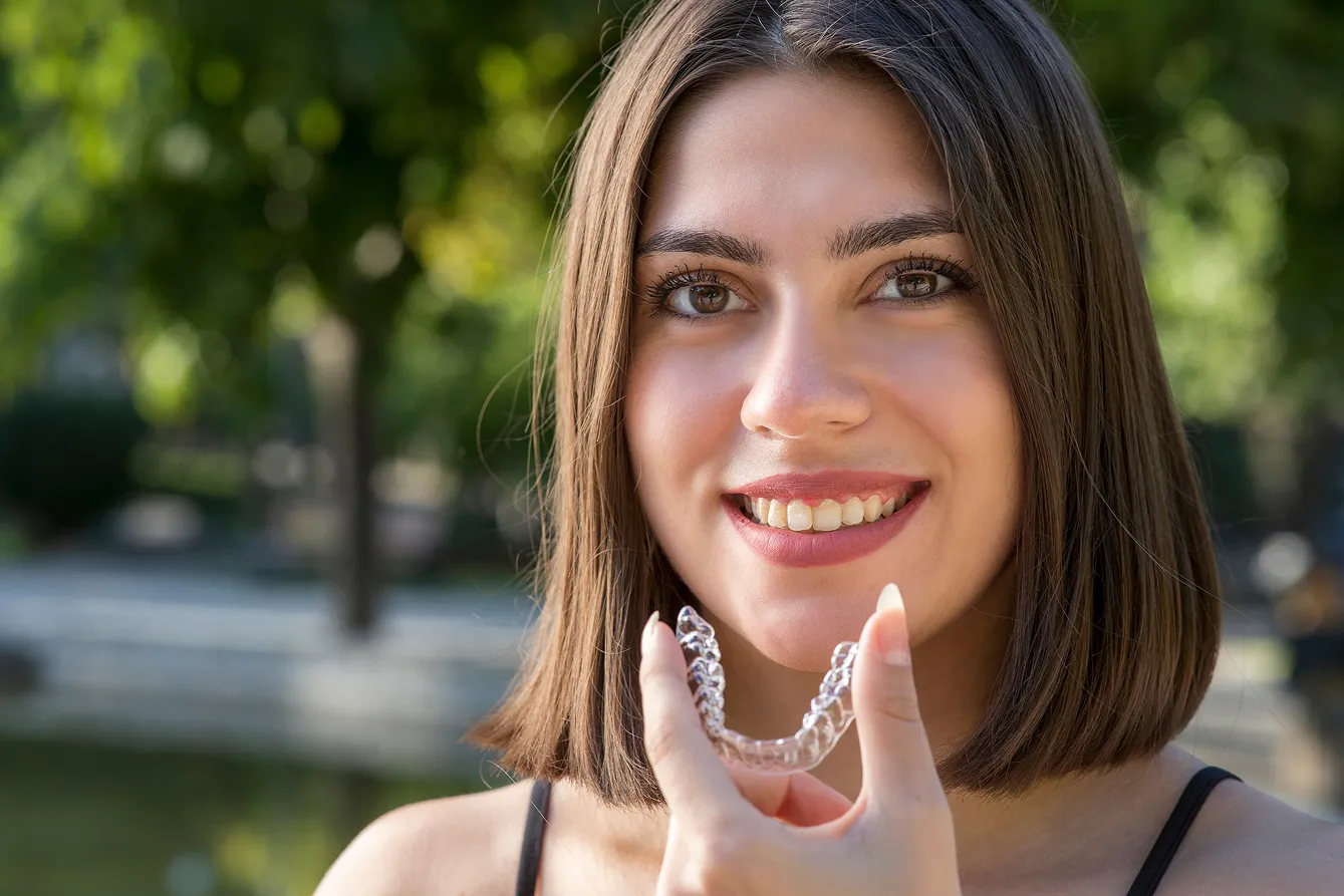 Young woman smiling and holding a clear dental aligner outdoors with greenery in the background.