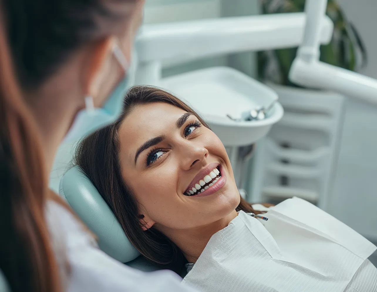 Woman smiling while sitting in a dental chair facing a masked dentist.