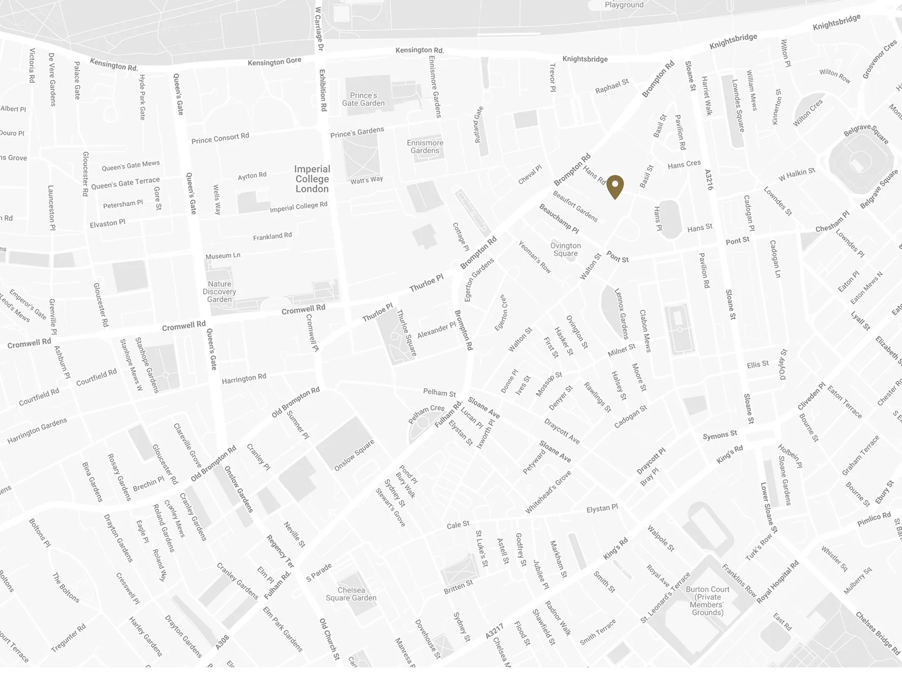 Map of Knightsbridge area in London showing streets, parks, and landmarks including Imperial College London and Chelsea Square Garden.