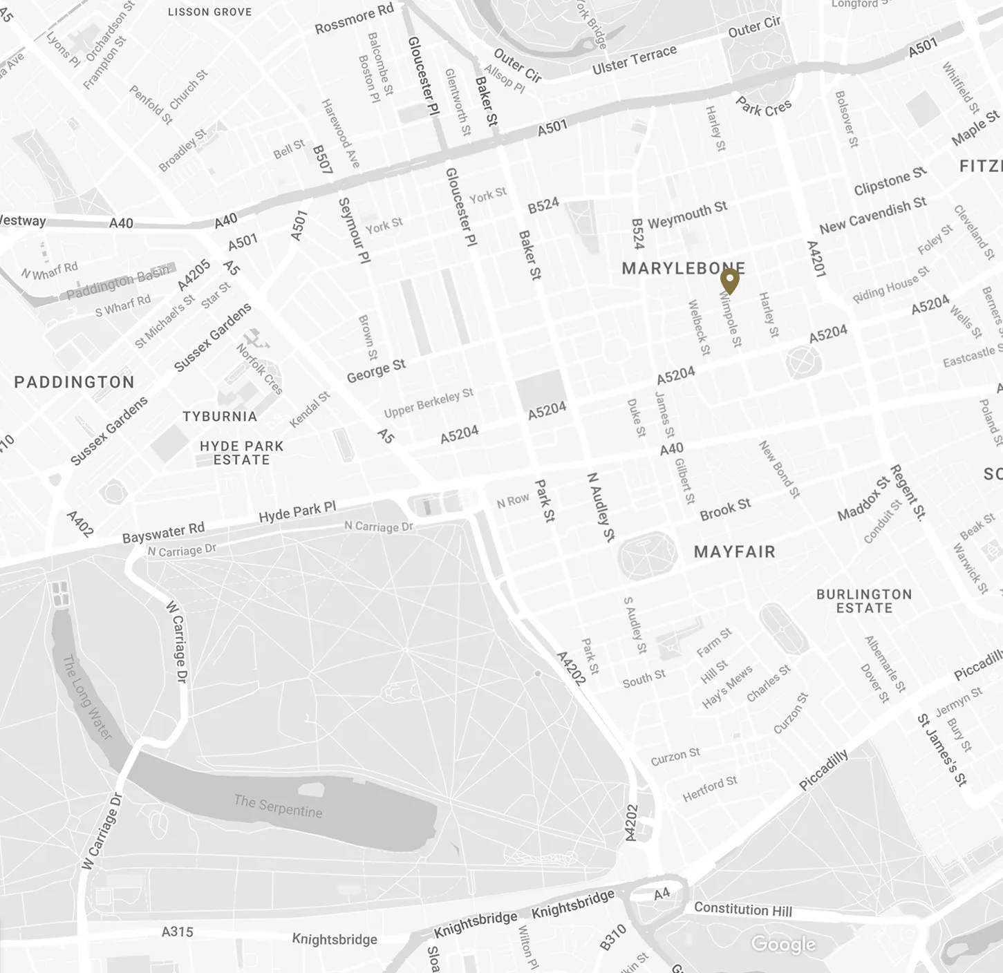 Map of central London showing the Marylebone area marked with a location pin near Wimpole Street.