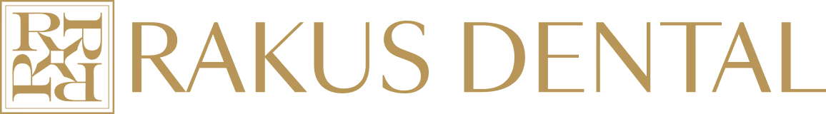 Rakus Dental logo with stylized gold letters forming a square followed by the text 'RAKUS DENTAL' in gold.
