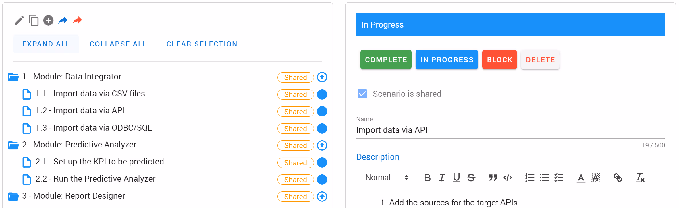 Product screenshot of marking a scenario shared in Homerun