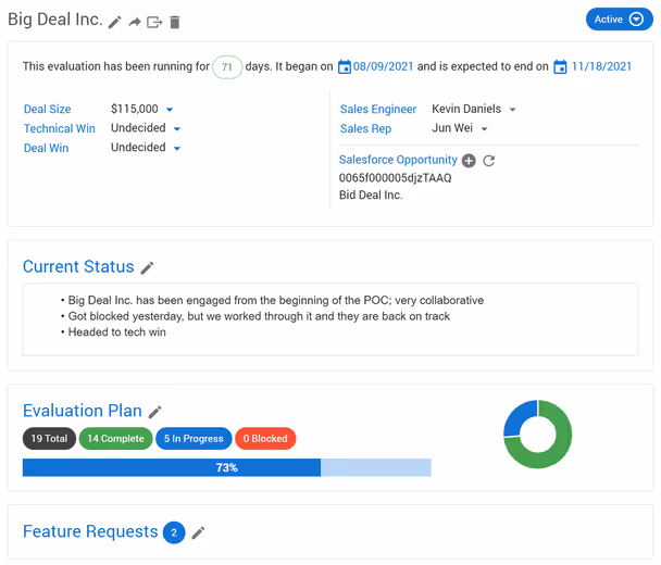 Product screenshot of Evaluation Plan status in Homerun