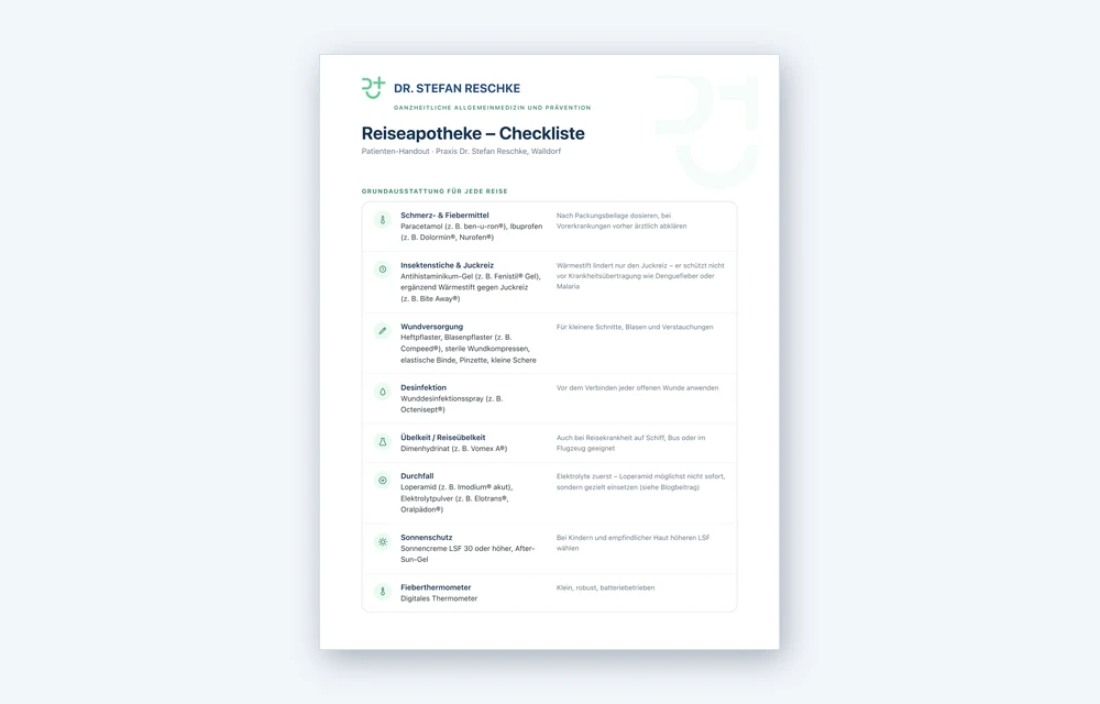 Vorschau der zweiseitigen Reiseapotheke-Checkliste als PDF