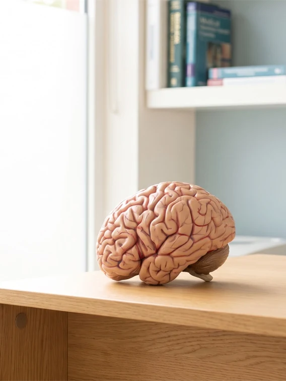 Ein anatomisches Modell eines menschlichen Gehirns steht auf dem hellen Holzschreibtisch eines Sprechzimmers, daneben eine Lesebrille und ein Notizbuch.