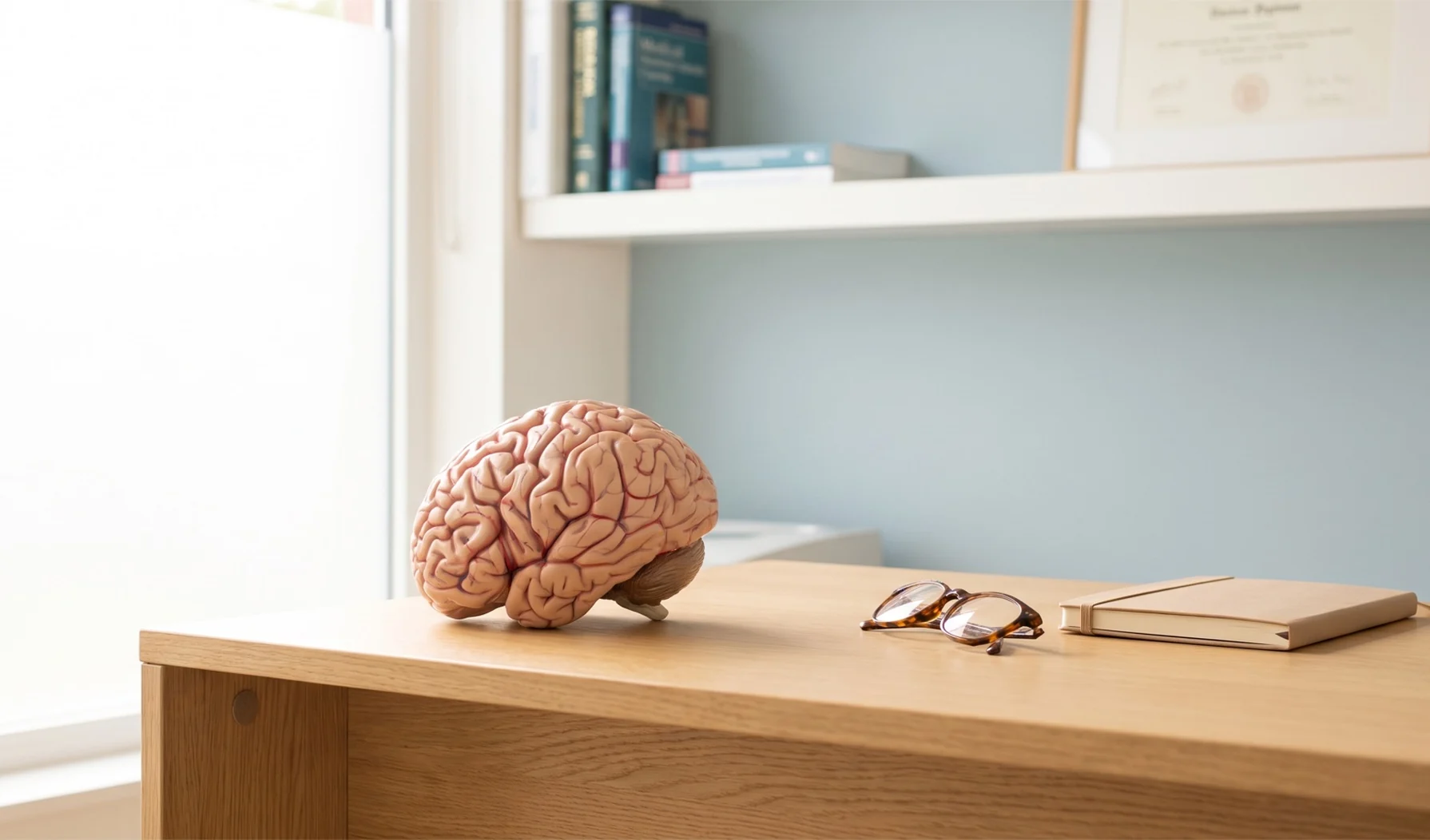 Ein anatomisches Modell eines menschlichen Gehirns steht auf dem hellen Holzschreibtisch eines Sprechzimmers, daneben eine Lesebrille und ein Notizbuch.