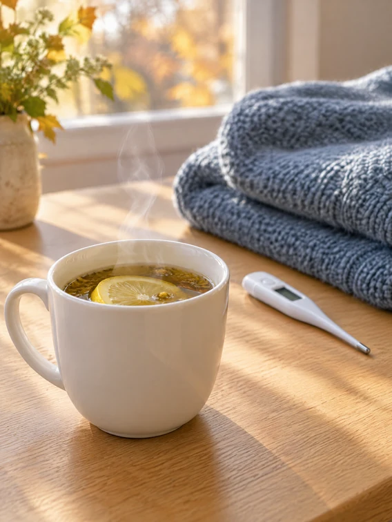 Auf einem Holztisch am Fenster stehen eine Tasse dampfender Tee mit Zitrone, ein Fieberthermometer, eine Packung Taschentücher und eine gefaltete blaue Wolldecke.