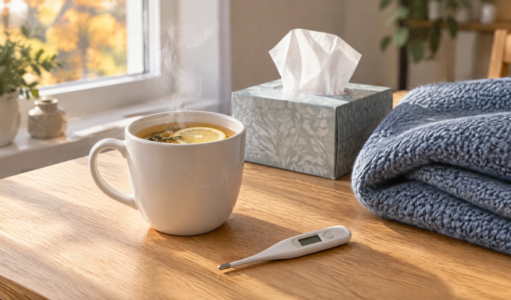 Auf einem Holztisch am Fenster stehen eine Tasse dampfender Tee mit Zitrone, ein Fieberthermometer, eine Packung Taschentücher und eine gefaltete blaue Wolldecke.