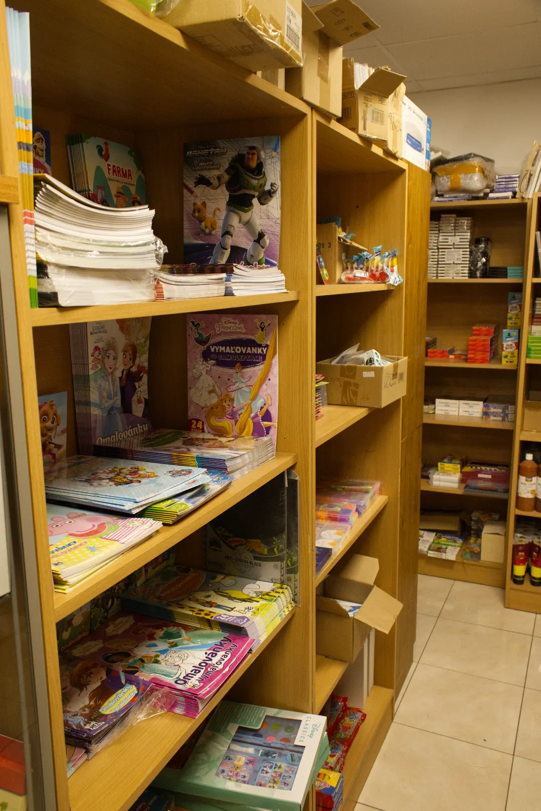 Wooden shelves filled with colorful children's books, coloring books, and boxes in a storage room.
