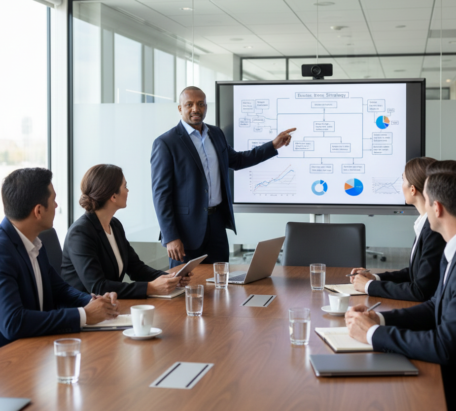 Dale in a suit presenting data charts and a flowchart on a screen to colleagues seated at a conference table in a bright office.