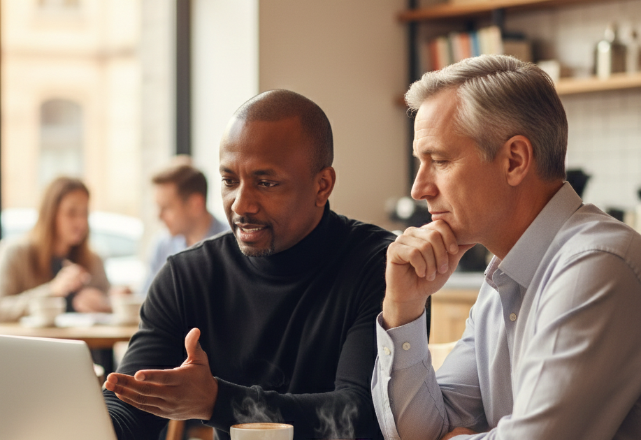 Dale and a client engaged in a discussion while looking at a laptop in a cozy café setting.