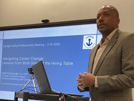 Dale giving a presentation on navigating career transitions