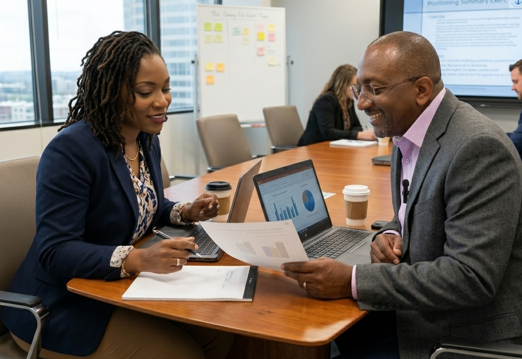 Dale and a client engaged in a business discussion in a professional setting