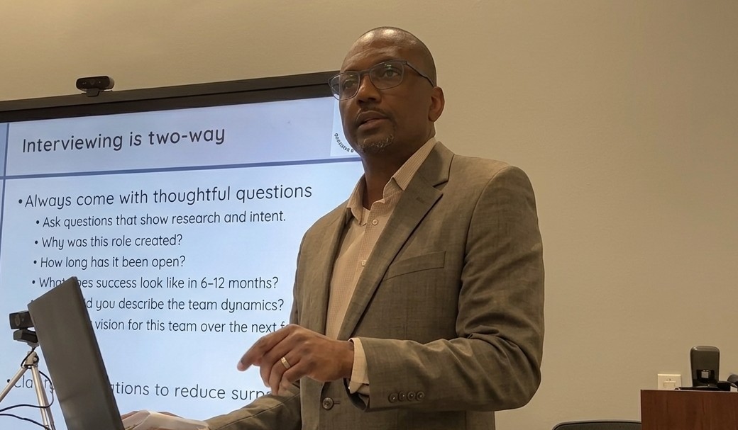 Dale Fairclough in a speaking engagement on career strategy