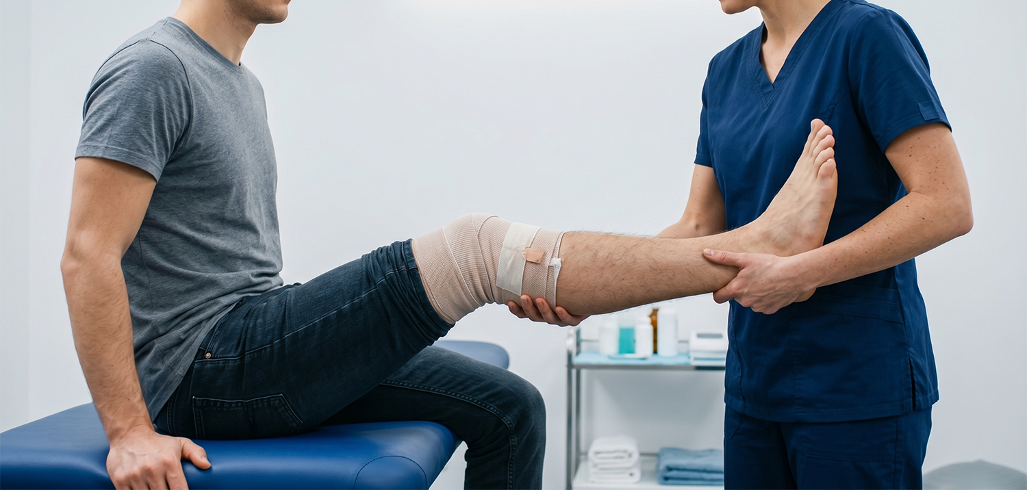 Side angle view of a physiotherapist supporting a patient's injured leg during a rehabilitation session in a clinic