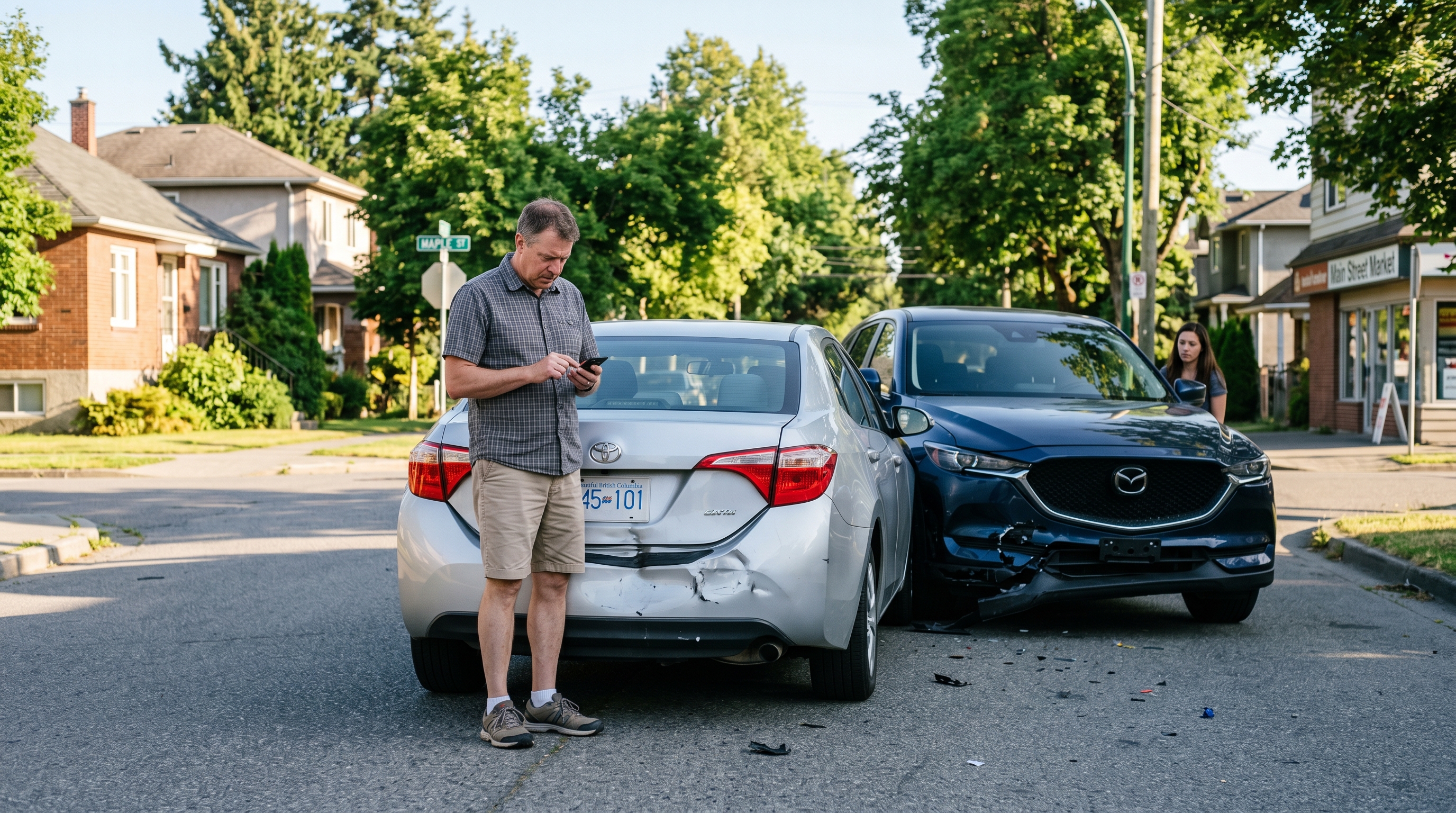 Car accident aftermath on a residential street in Atlantic Canada, showing rear-end collision damage between two vehicles, with a man documenting the scene on his phone.