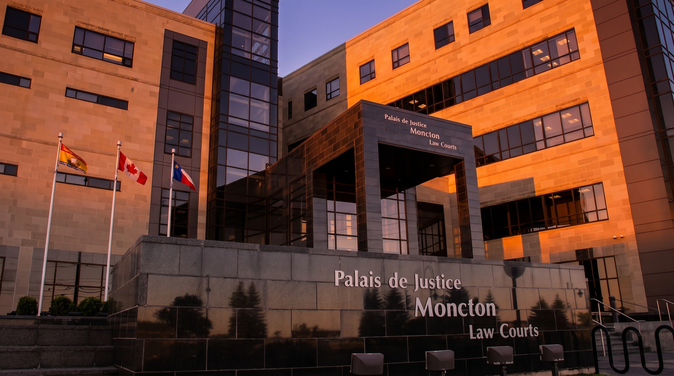The Palais de Justice Moncton Law Courts building at sunset, with the New Brunswick, Canadian, and Acadian flags displayed at the entrance.