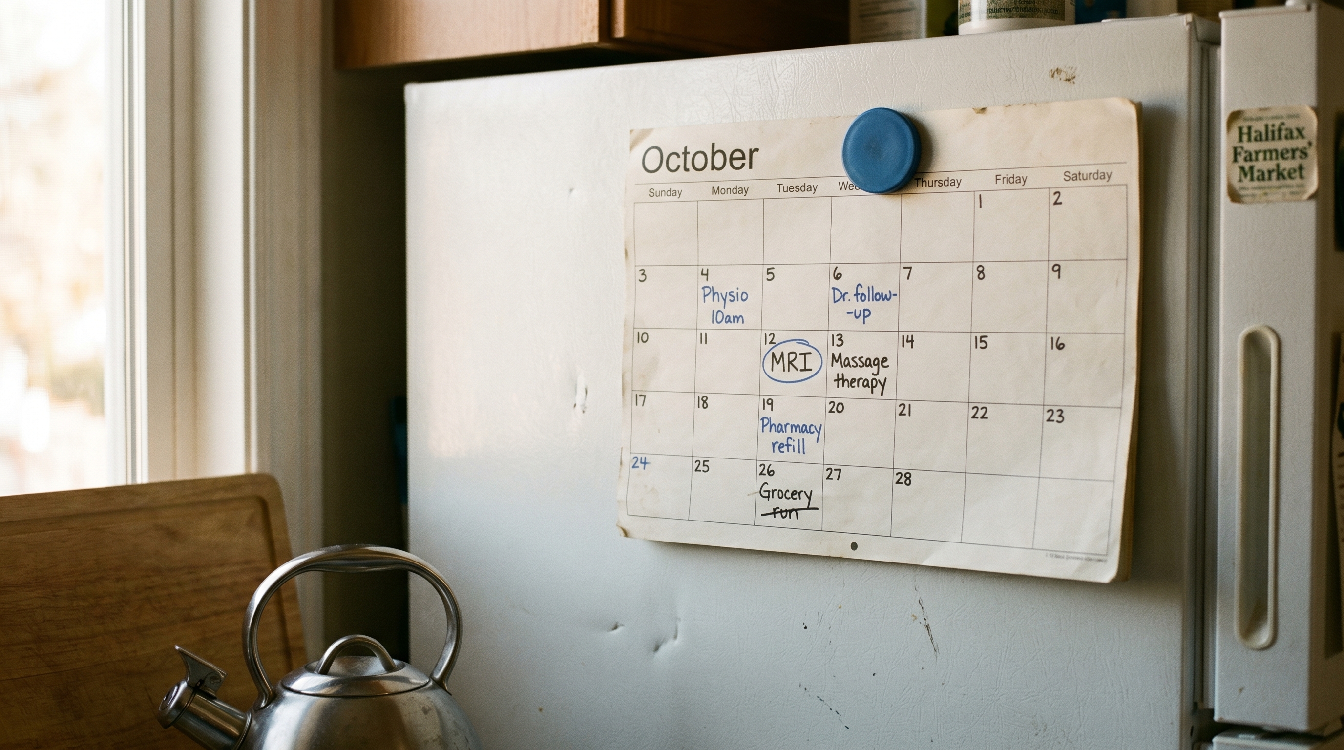 Kitchen fridge calendar marked with physio, MRI, and massage therapy appointments showing the ongoing recovery timeline after an injury