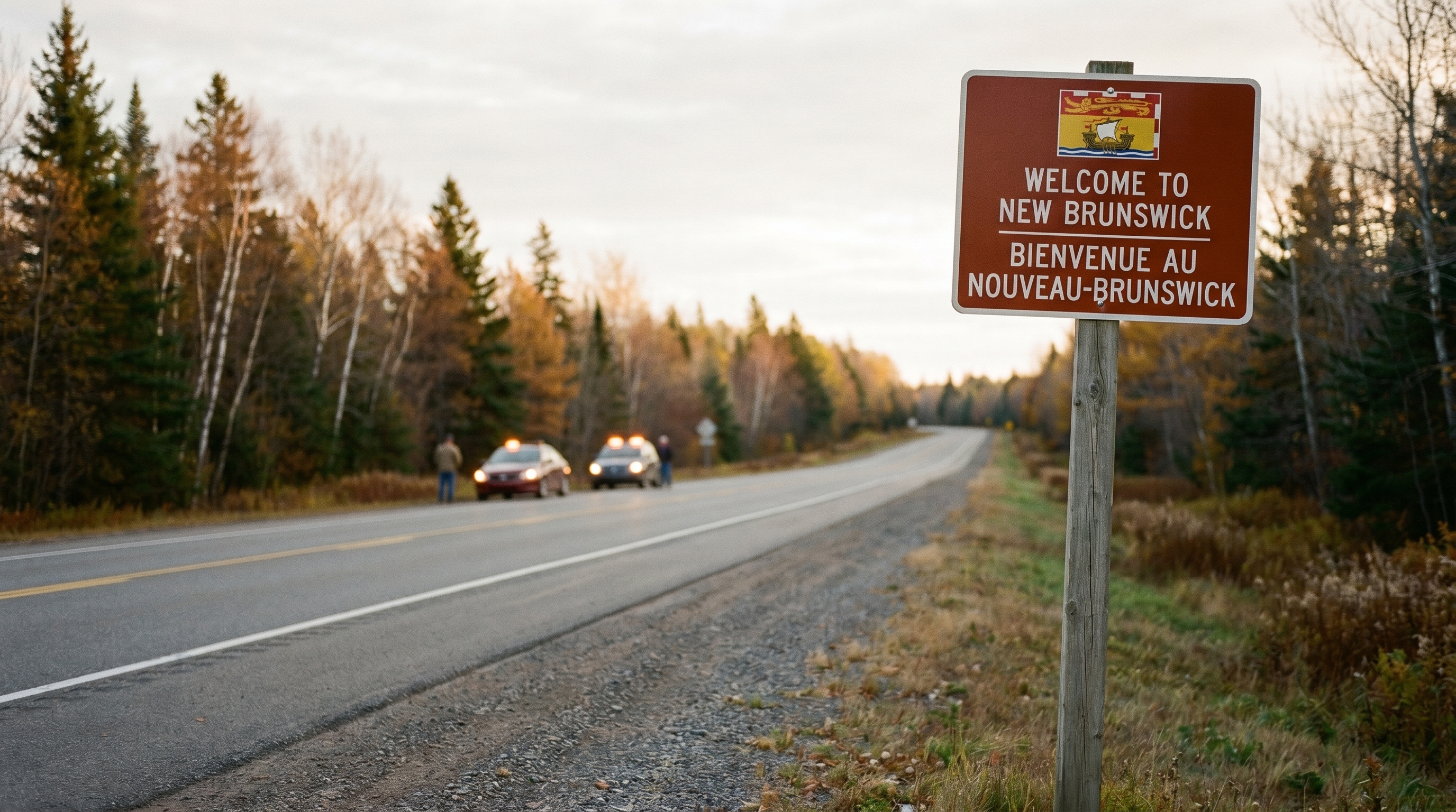 Welcome to New Brunswick highway sign on a rural autumn road with two vehicles pulled over in the distance after a minor collision