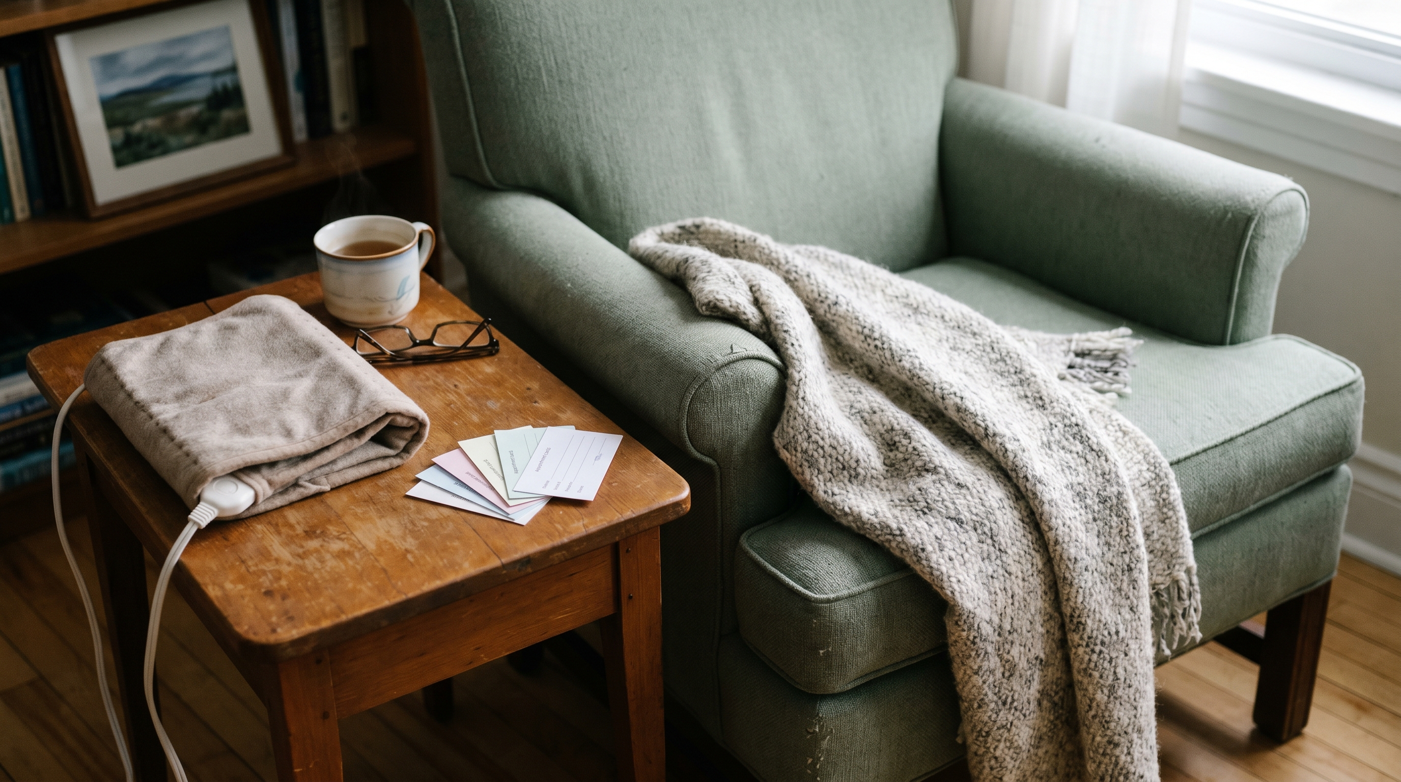 Hand-knit blanket draped over a green reading chair beside a side table with a heating pad, tea, glasses, and appointment cards at a Maritime home