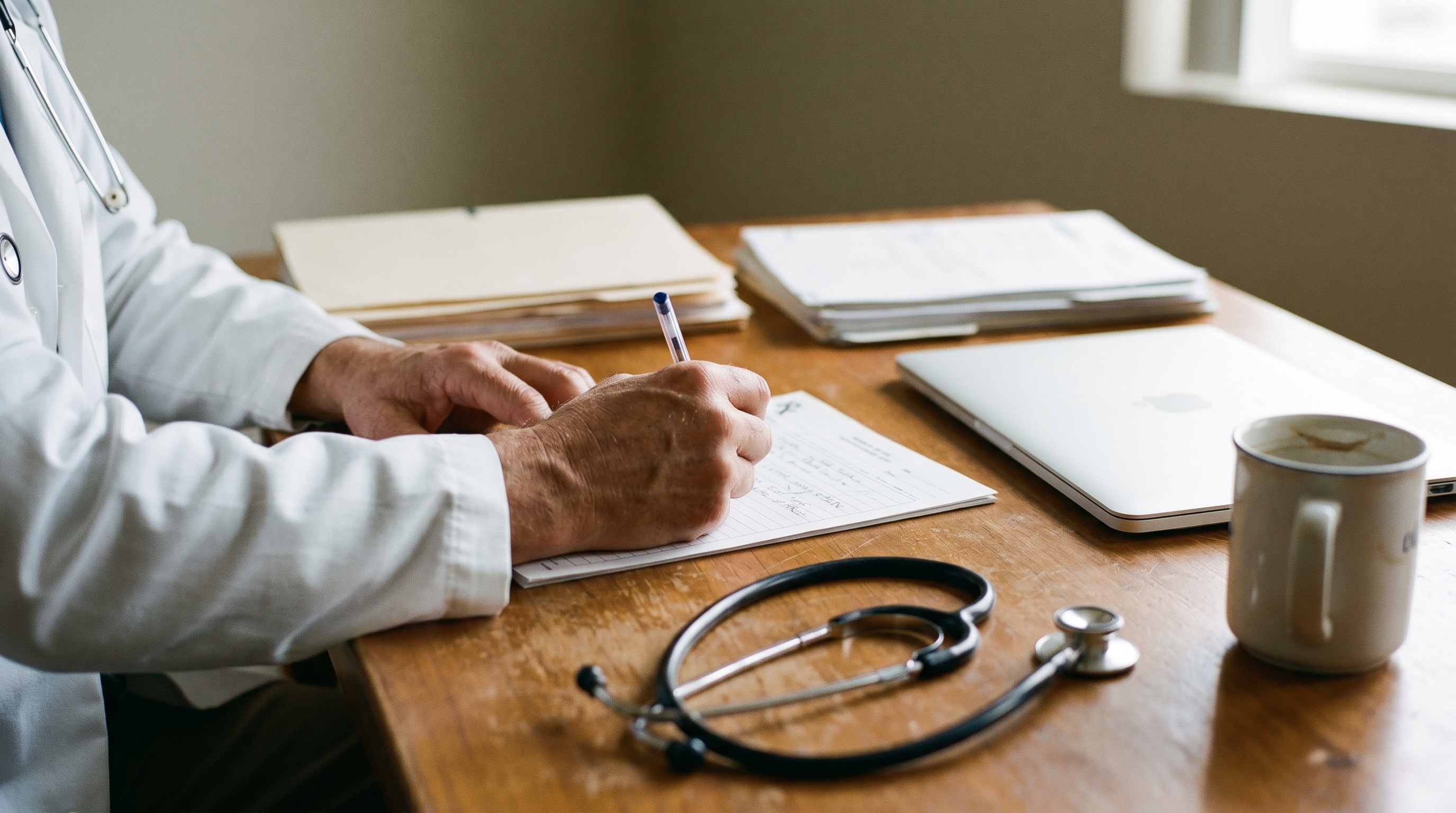 Doctor in a white coat writing notes on a paper medical chart at a desk with a stethoscope, laptop, and coffee mug nearby