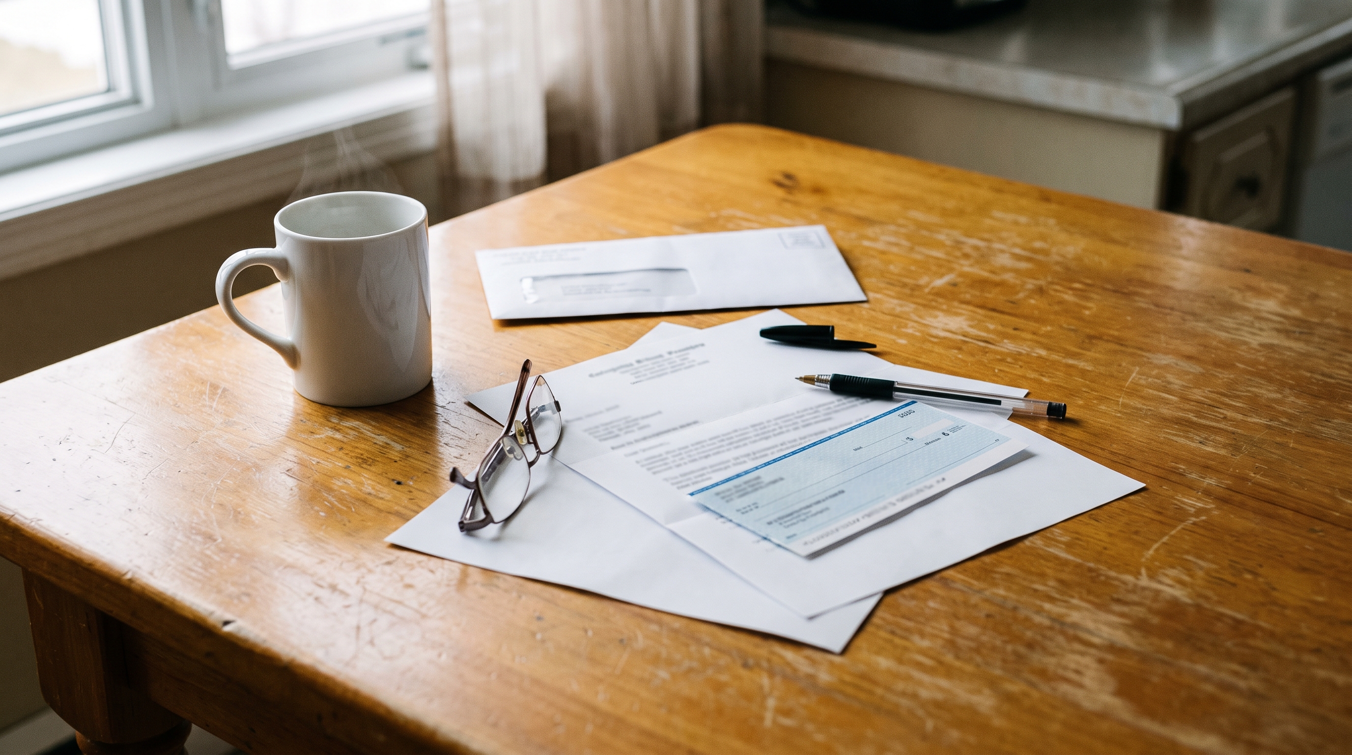 Insurance settlement letter and cheque on a kitchen table beside a coffee mug and reading glasses, the moment of deciding whether to accept a first offer