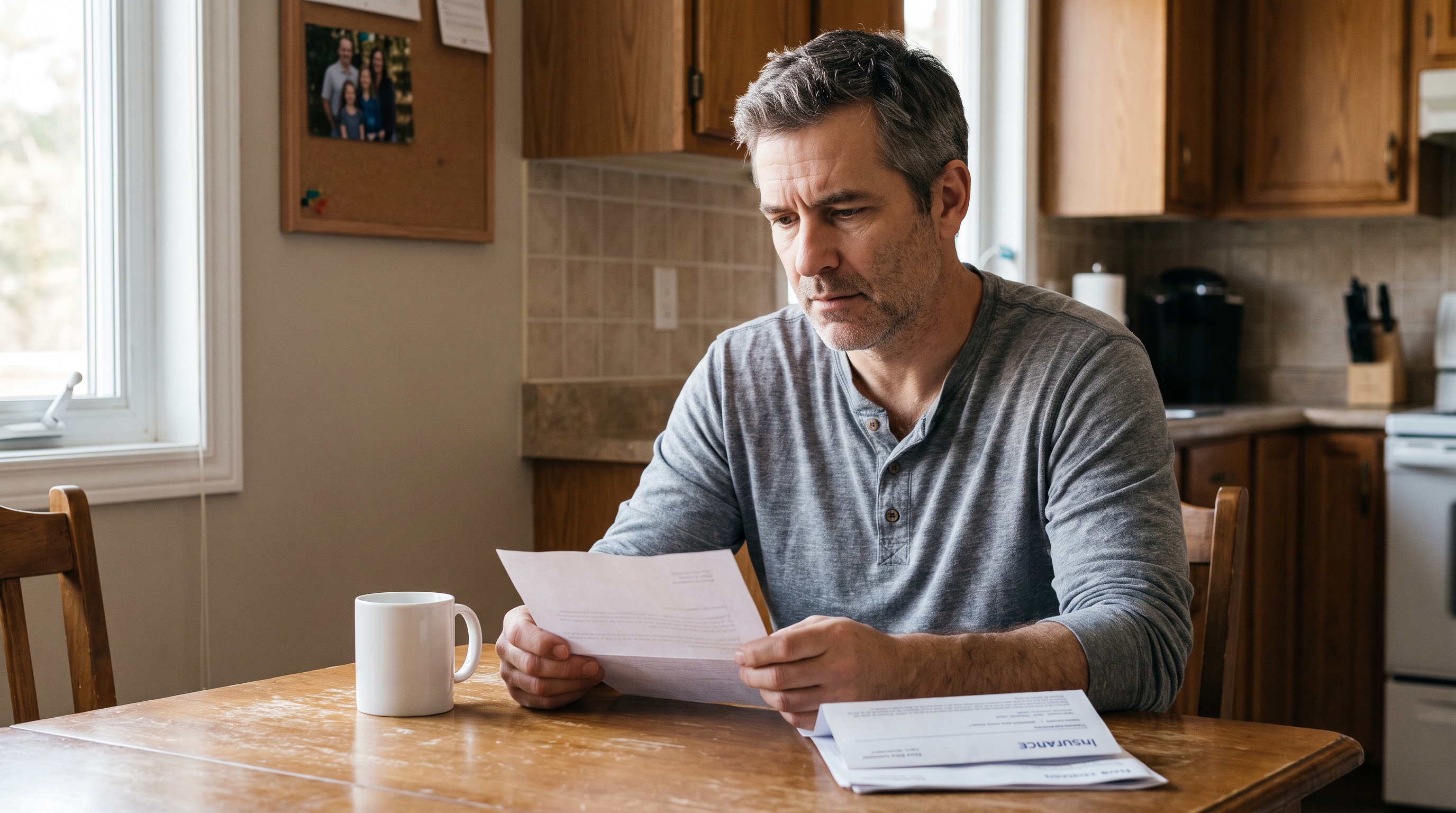 Middle-aged man at his kitchen table reading a letter and reviewing insurance paperwork, considering a first settlement offer before signing