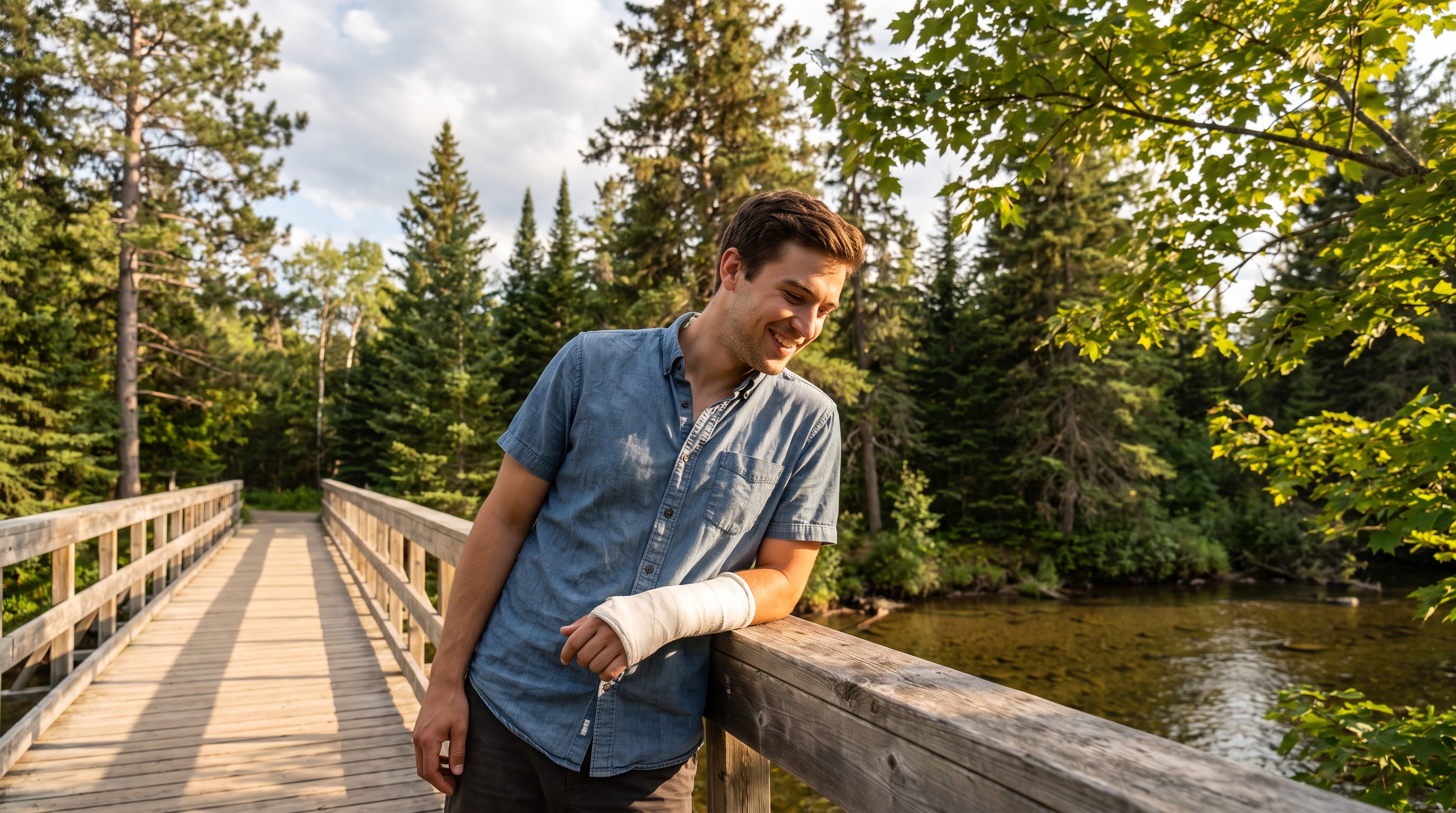 Young man with a cast on his arm standing on a bridge in a Canadian forest, looking down at the water with a calm expression.