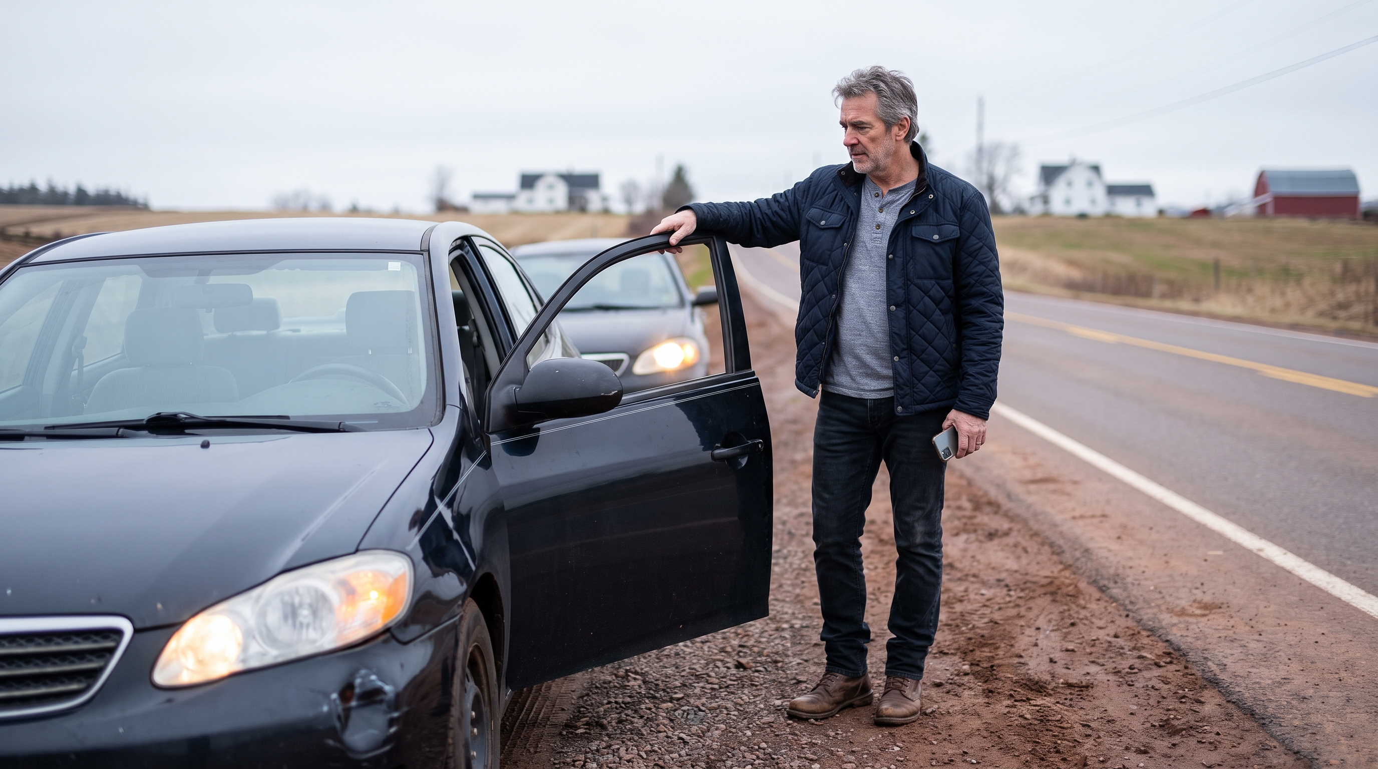 A driver steps out of their vehicle onto the shoulder of a Prince Edward Island road with hazard lights on after a minor car accident, phone in hand.