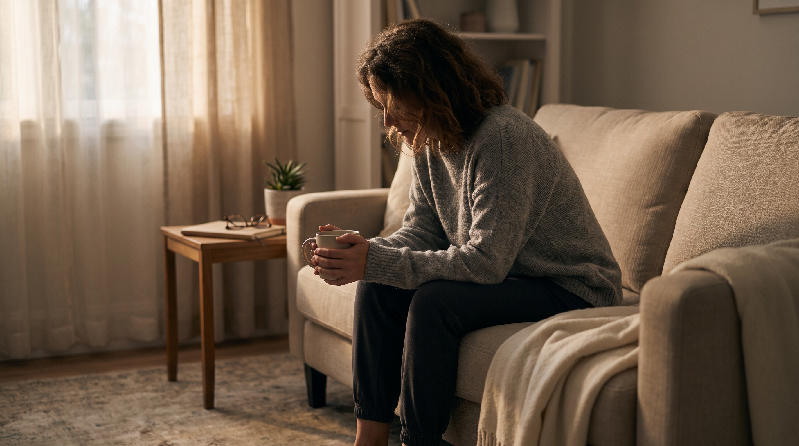 A woman sits quietly on a beige sofa in a warm Maritime living room, cradling a ceramic mug of coffee in both hands as soft morning light filters through sheer curtains.