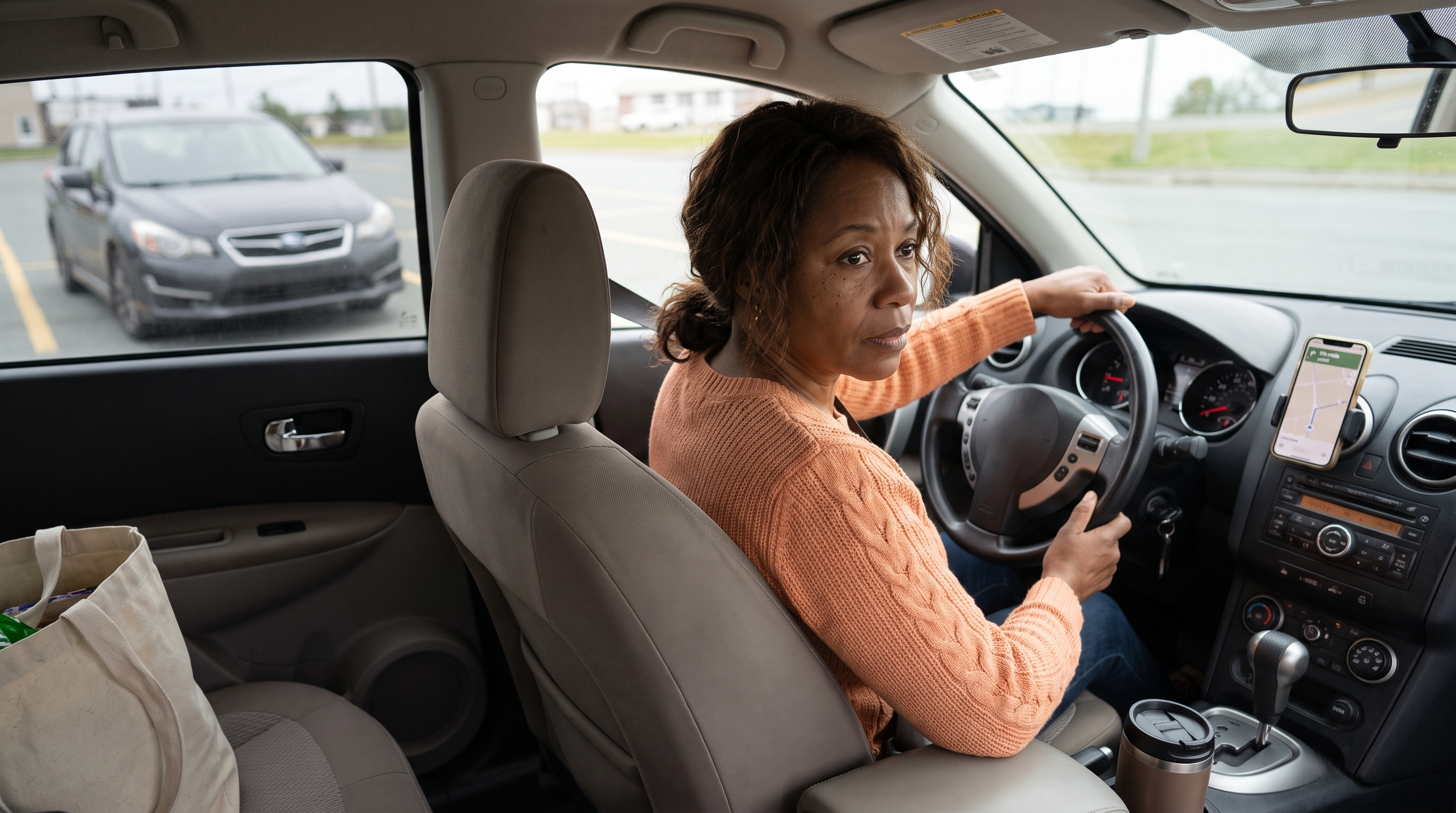 Canadian woman wearing seatbelt entering on highway, Moncton, NB.