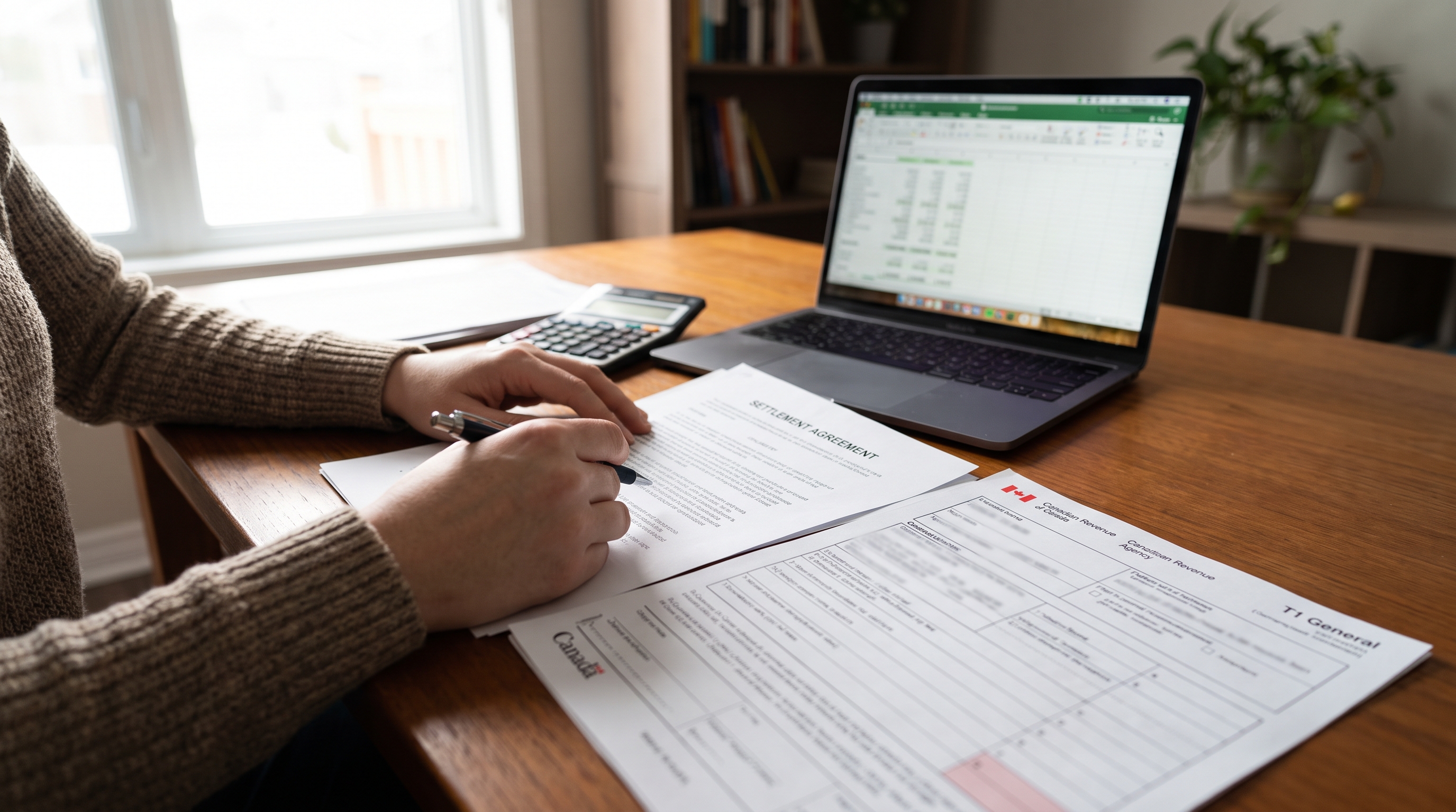 Canadian man calculating settlement cash using laptop and calculator in Fredericton, NB.
