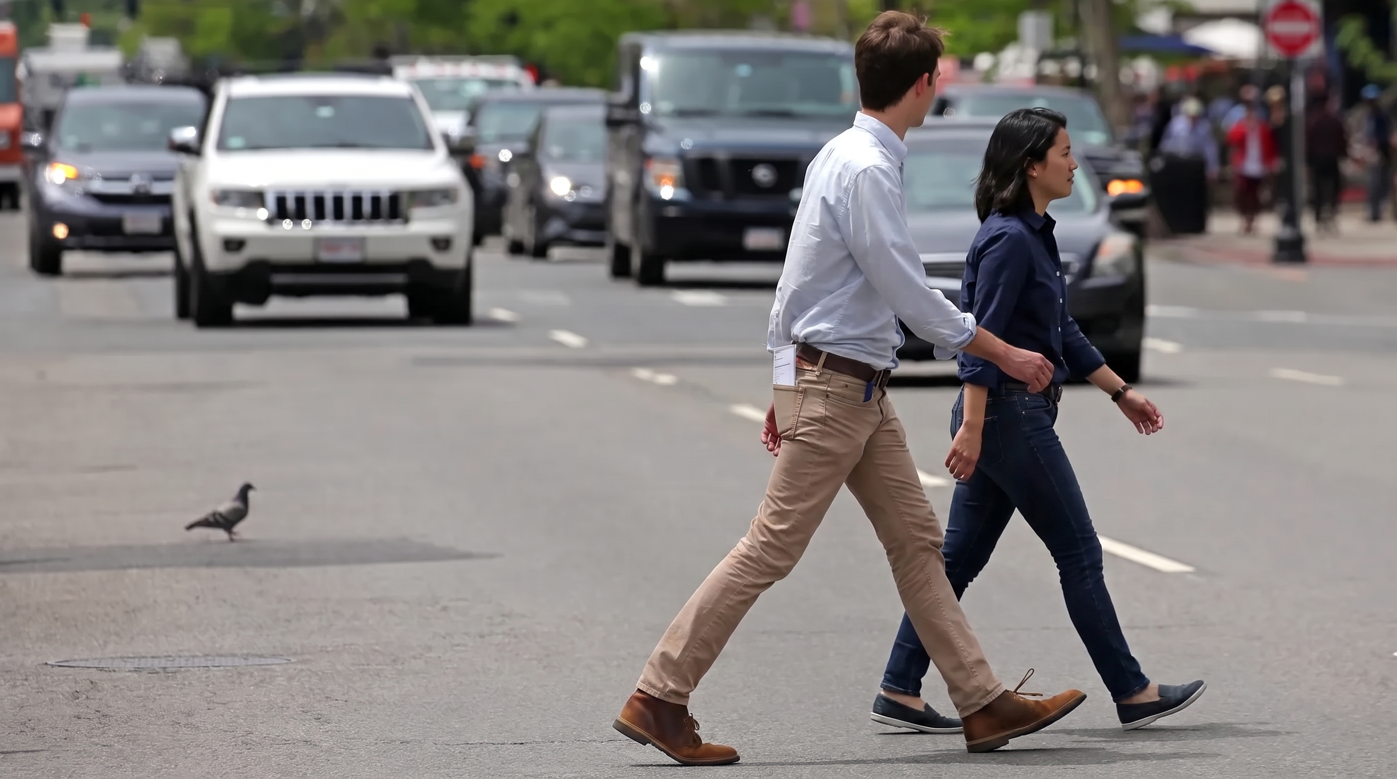 People jaywalking in Moncton, NB, Canada.